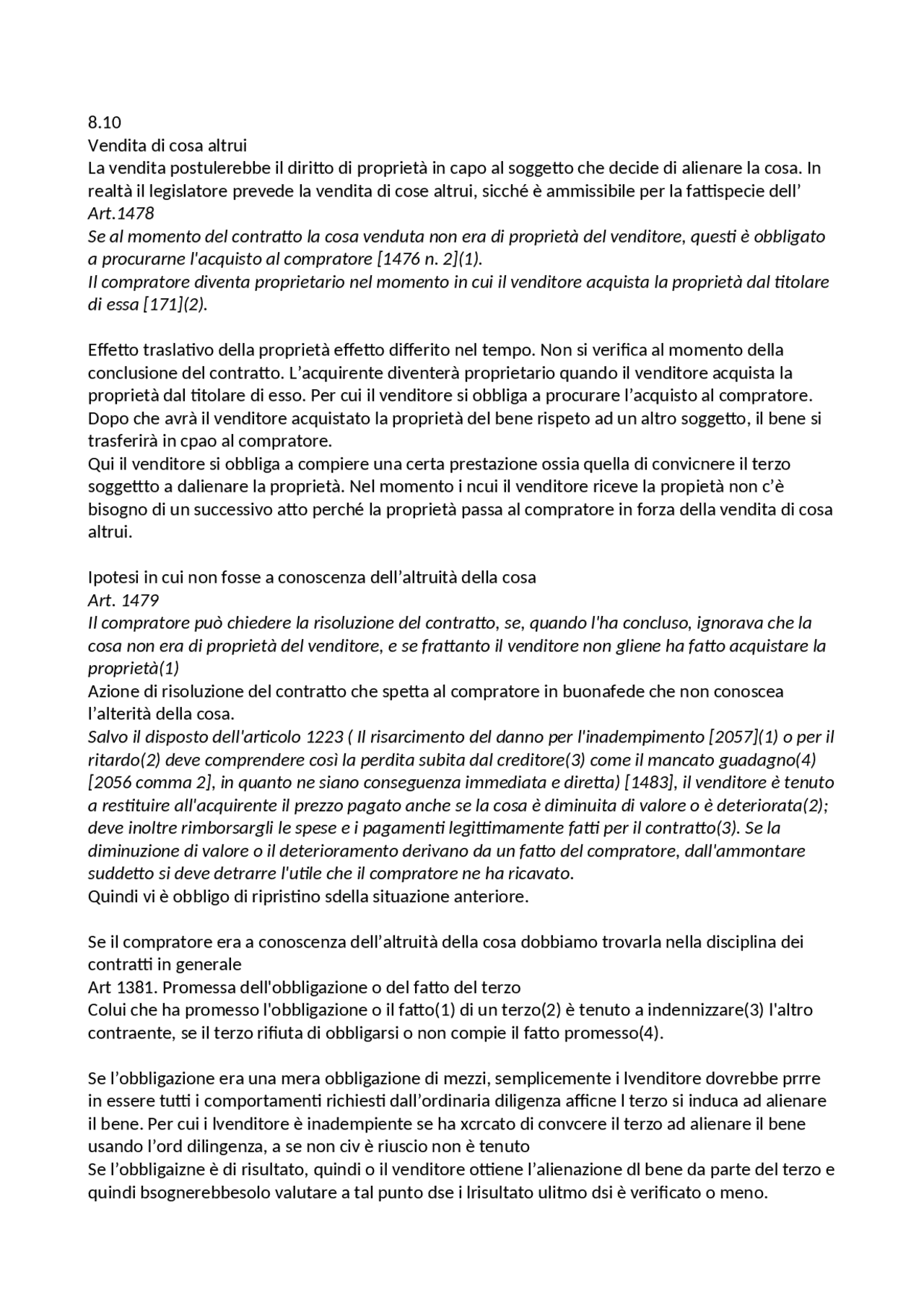 Vendita cosa altrui, cose generiche, con riserva di proprietà Appunti di Diritto Privato Docsity