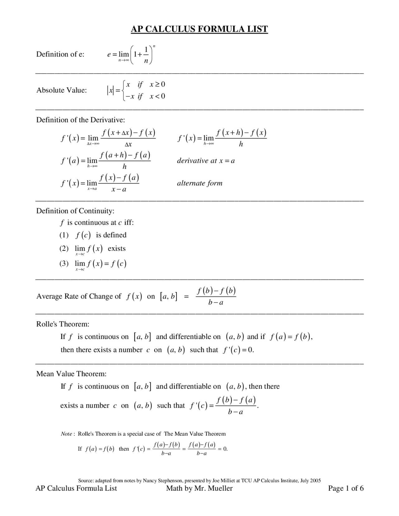 AP Calculus Formula List - Docsity