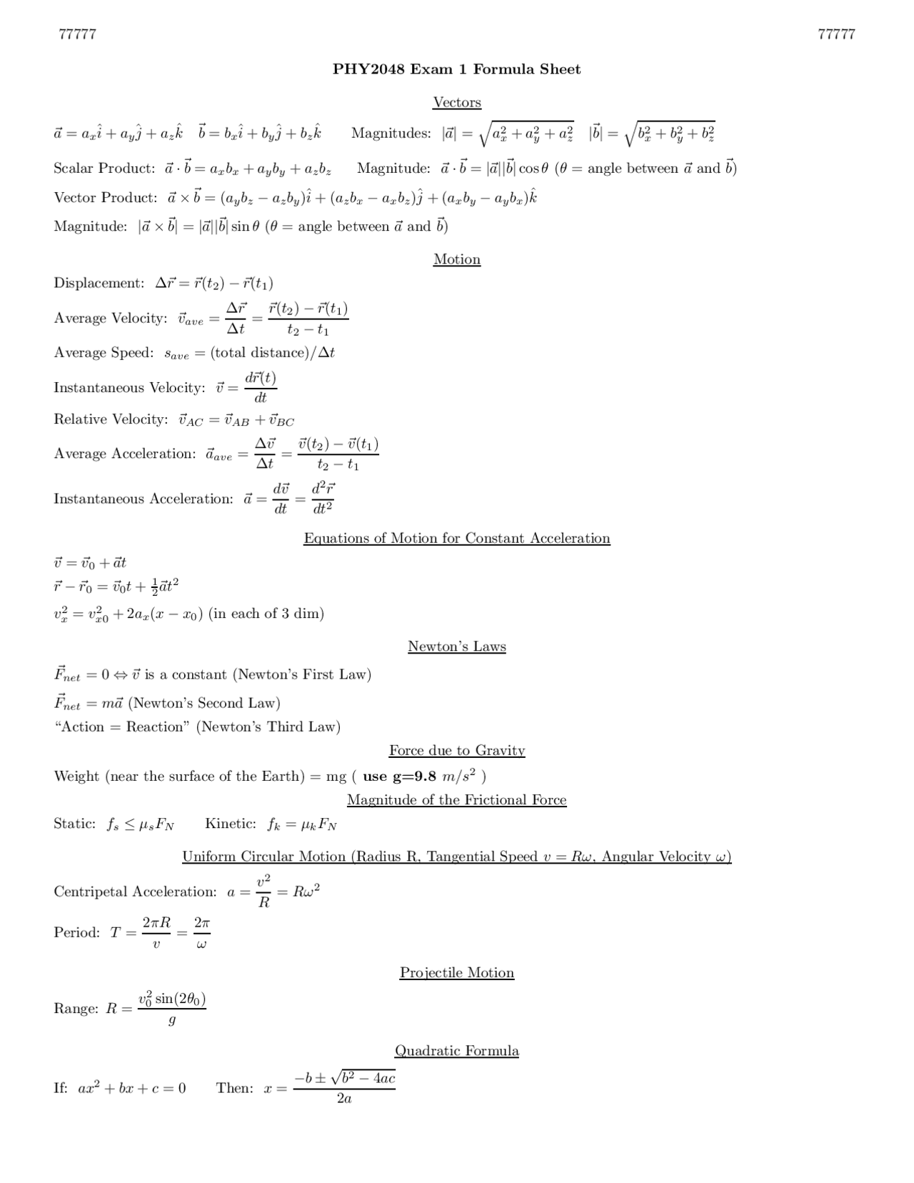Phy 2048 formula sheet - Docsity