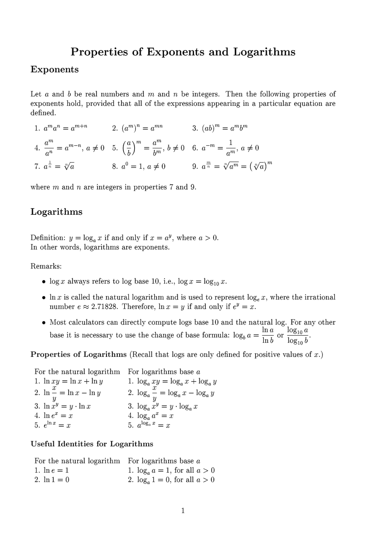 Log mathematics formula sheet - Docsity