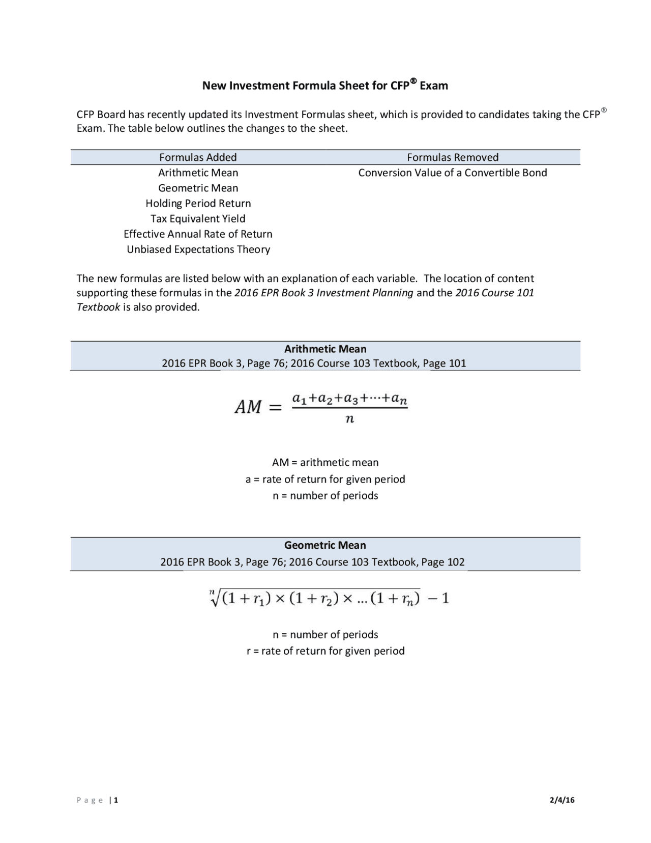 New invesment formula sheet for CFP Docsity
