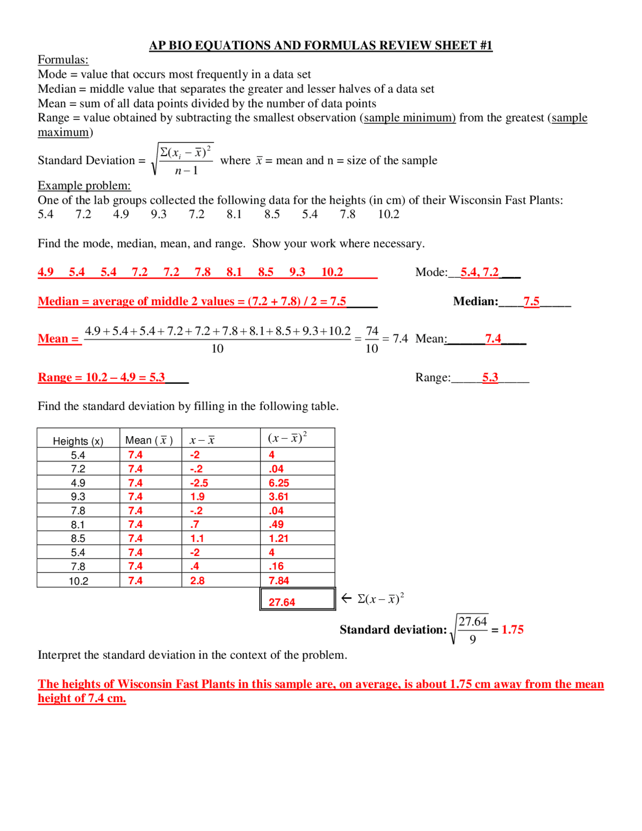 Ap Biology Formulas and Equations Sheet - Docsity