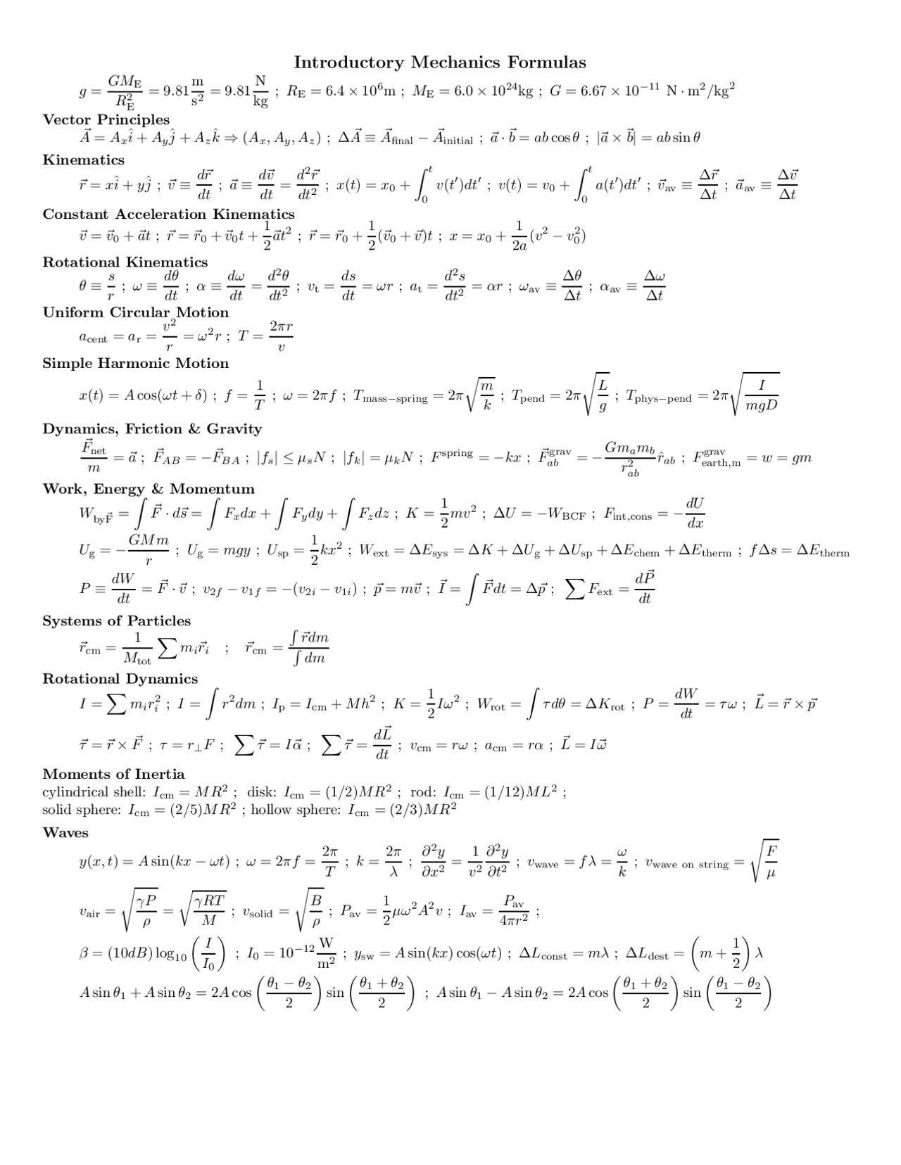 Mechanical Engineering Formulas Card.pdf Mechanics formula sheet - Docsity