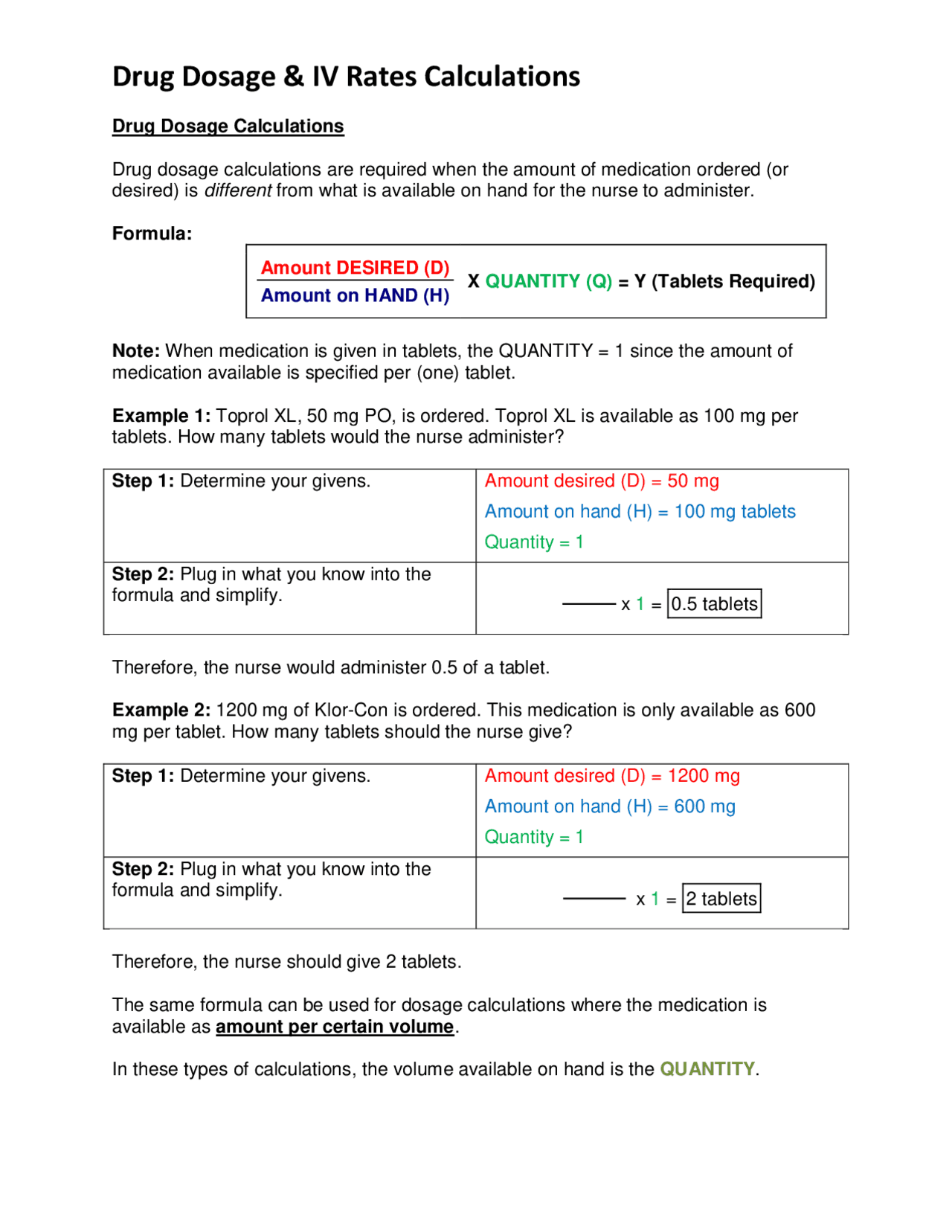 Pharmacy calculations formula sheet Docsity