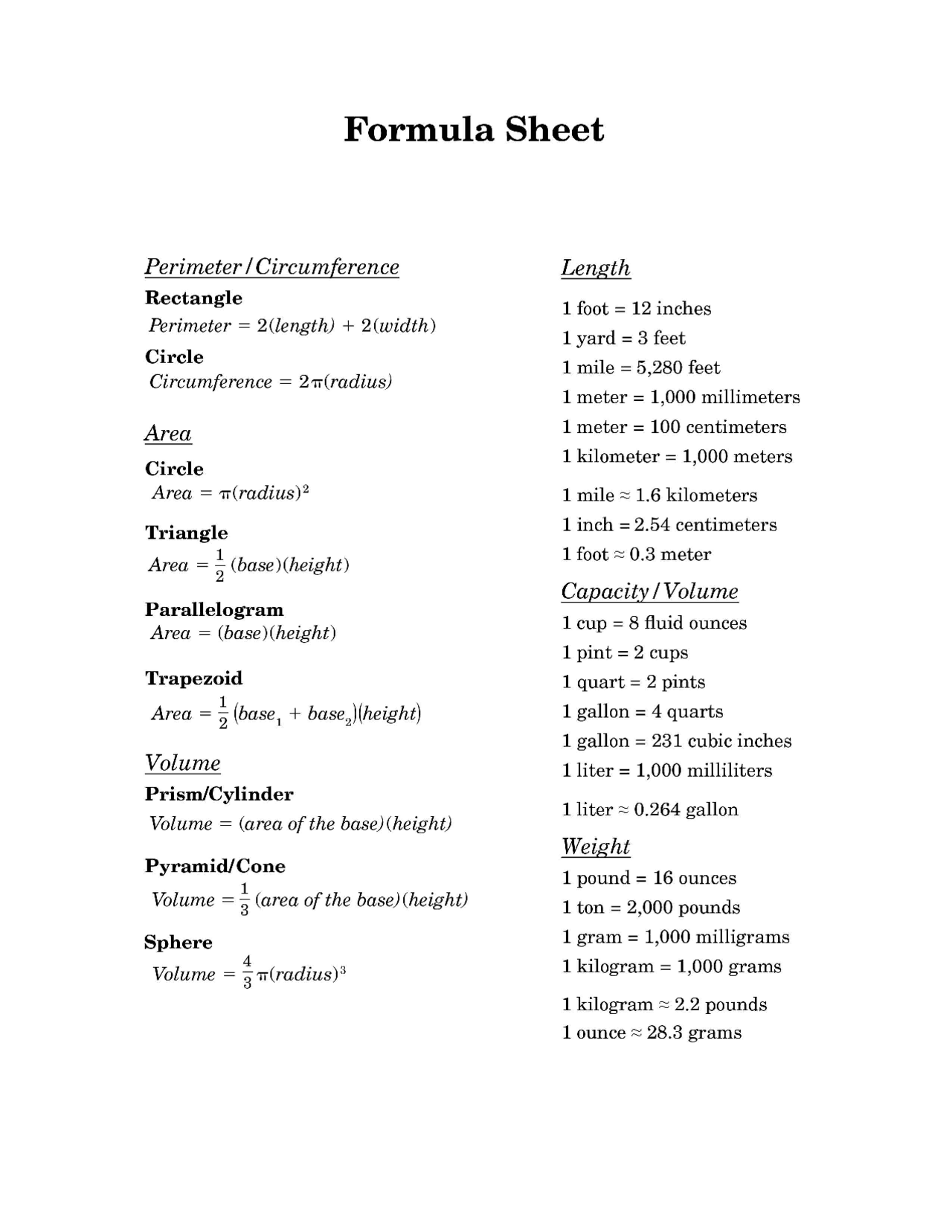 Formula sheet for algebra mathematics - Docsity