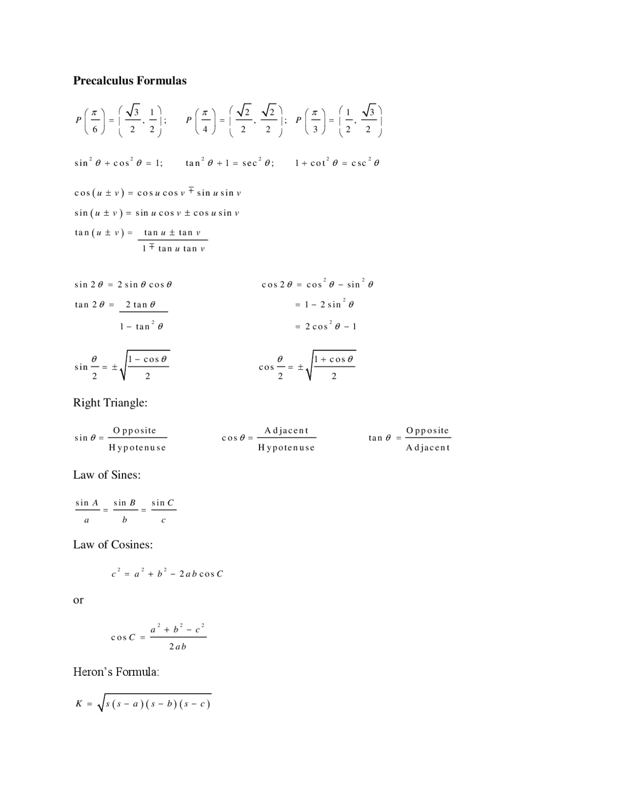 Pre calculus formula sheet Cheat Sheet Calculus Docsity