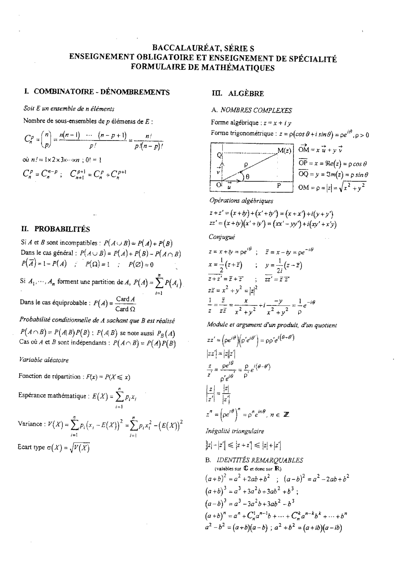 Formulaire de Mathématiques pour Terminale S - Docsity