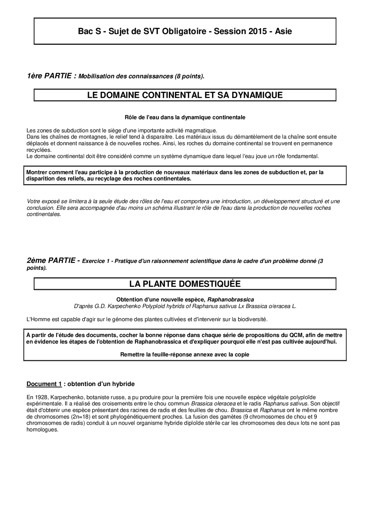 Bac S - Sujet de SVT Obligatoire - Session 2015 - Asie | Examens ...