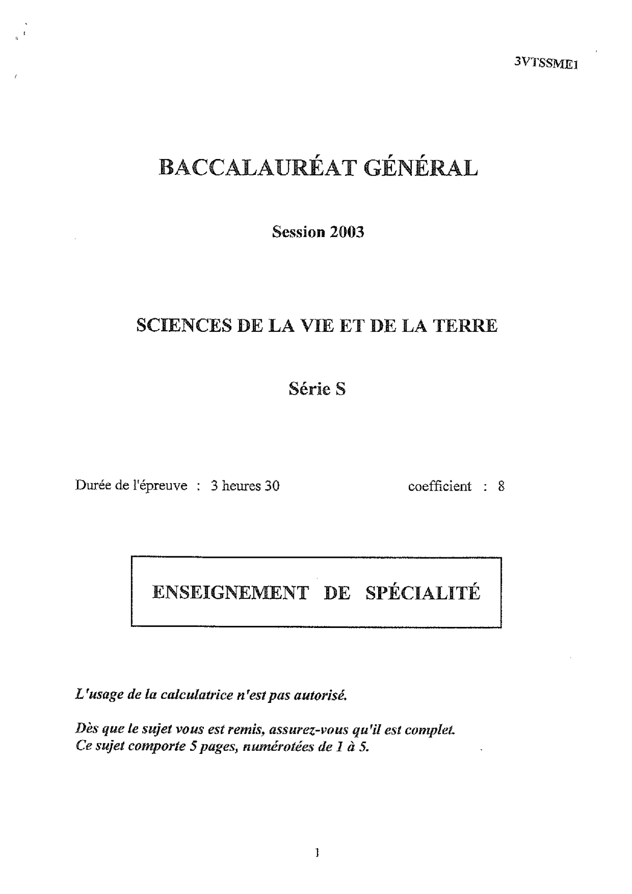 Sujet officiel complet du bac S SVT Spécialité 2003 - Métropole - Docsity