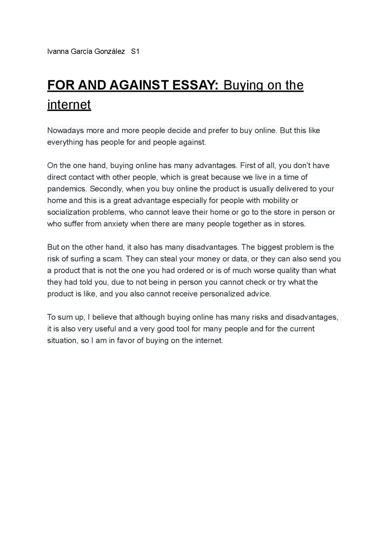 Ejemplo de For and Against essay - Docsity