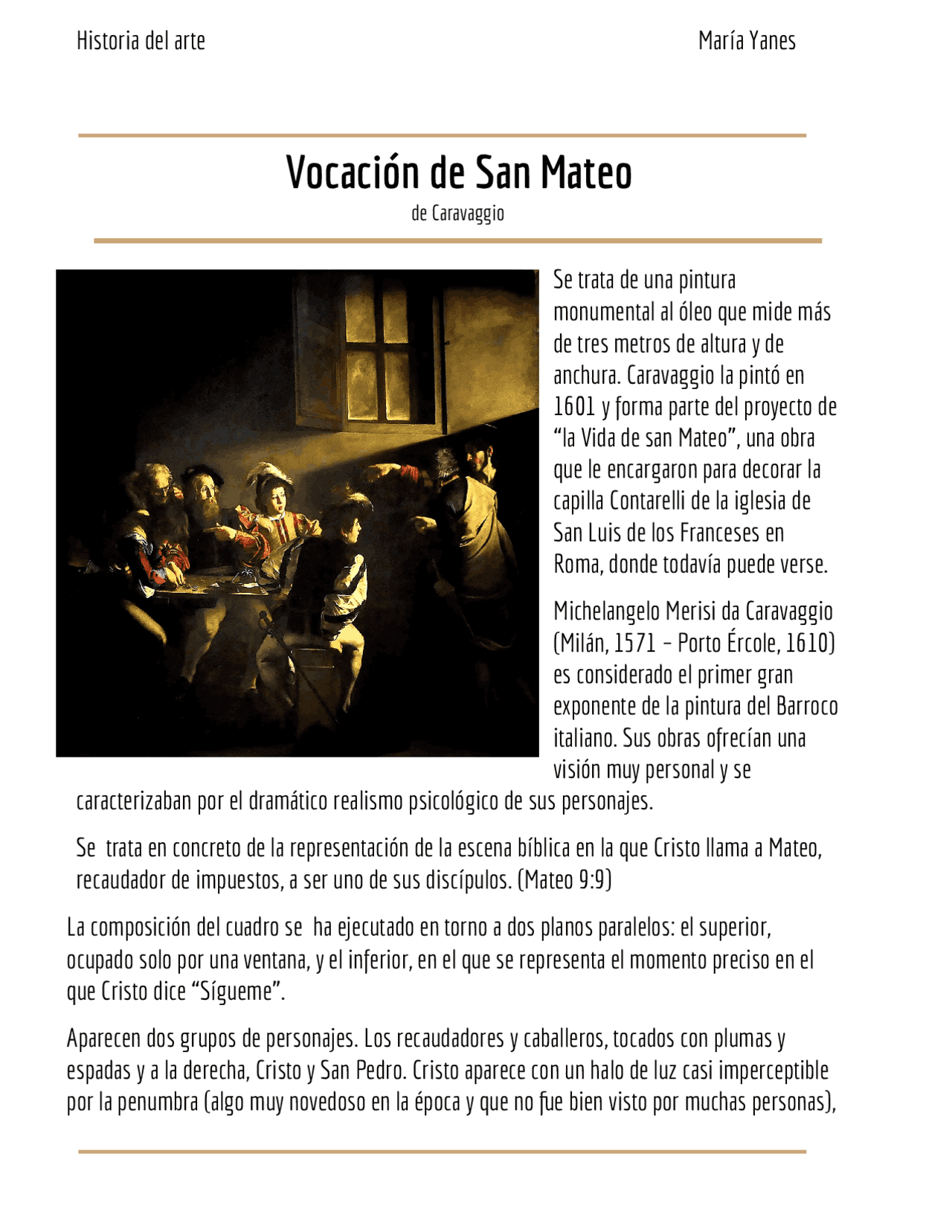 Comentario pintura La vocación de San Mateo, de Caravaggio Ejercicios de Historia del Arte