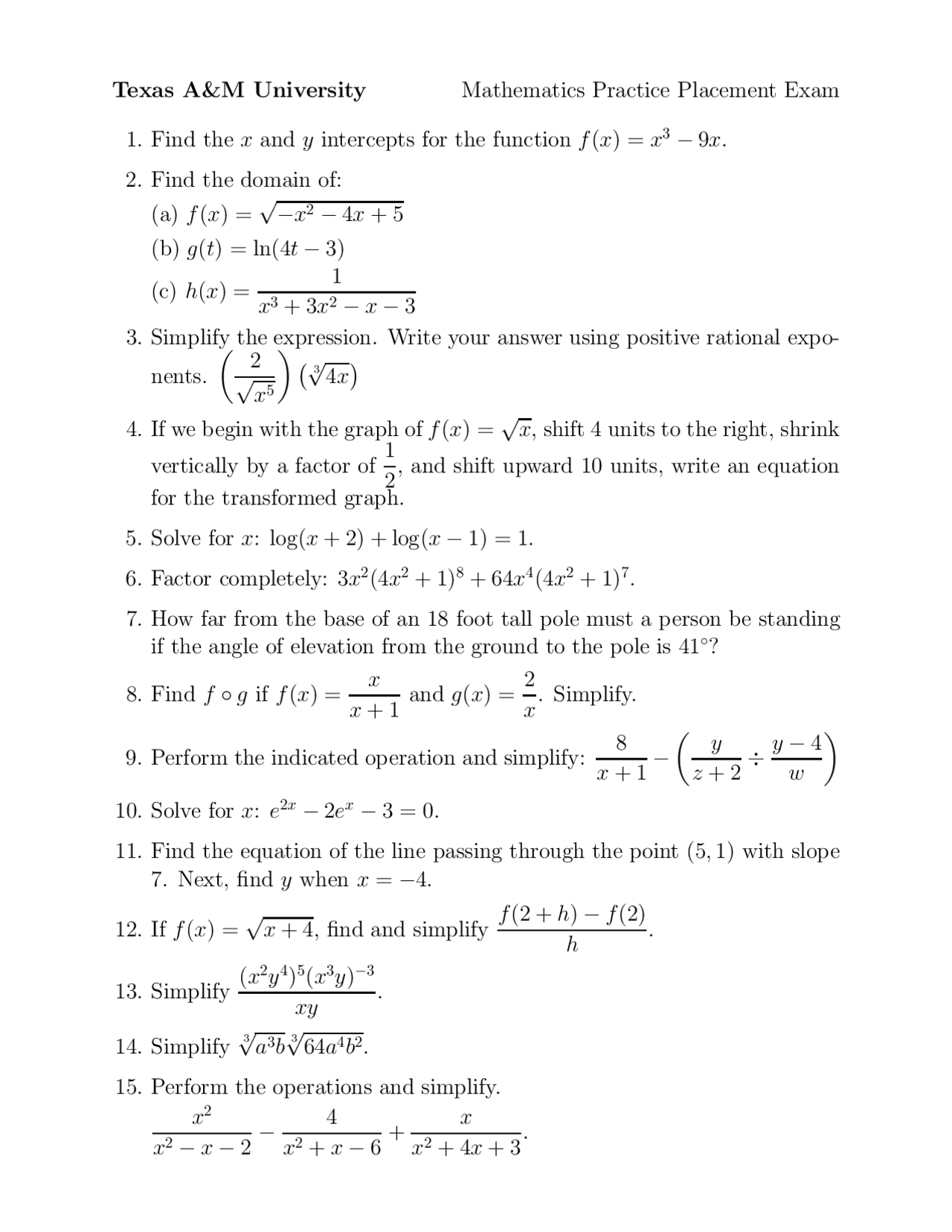 Mathematics Practice Placement Exam - Docsity