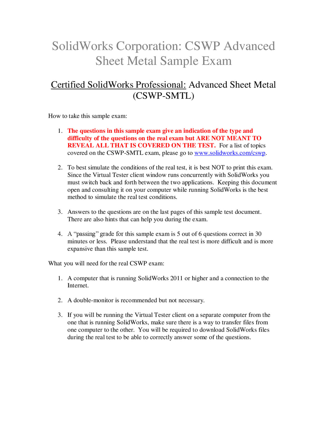 SolidWorks Corporation: CSWP Advanced Sheet Metal Sample Exam - Docsity