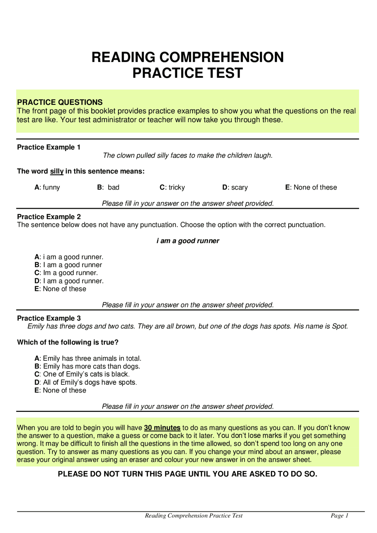 Reading Comprehension Test Sample Reading Comprehension Practice Test - Docsity