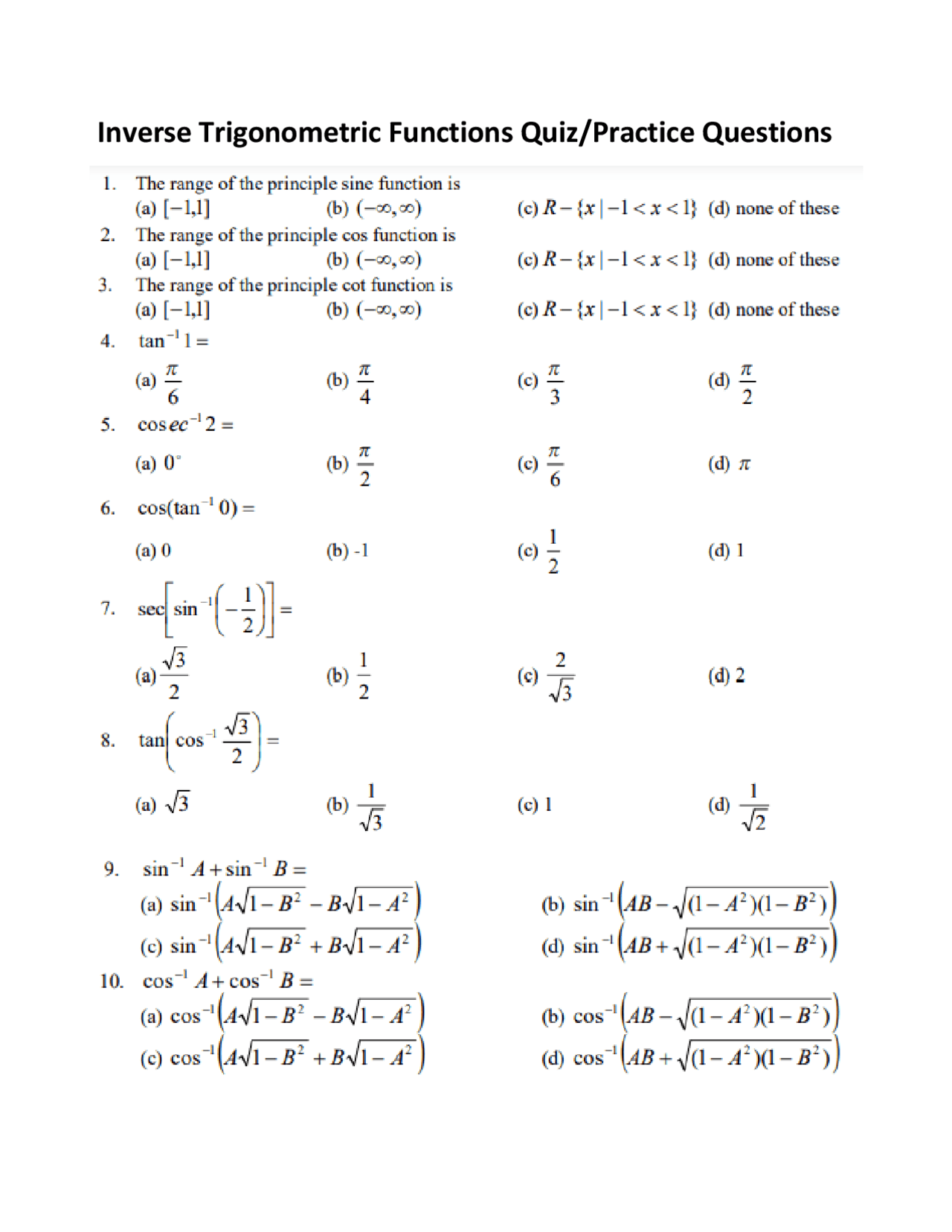 Inverse Trigonometric Functions Quiz Practice Questions Mathematics ...