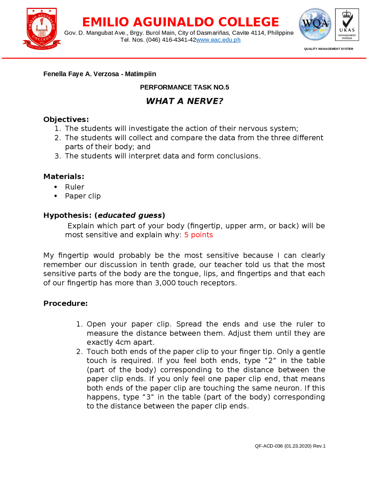 General biology performance task number five - Docsity