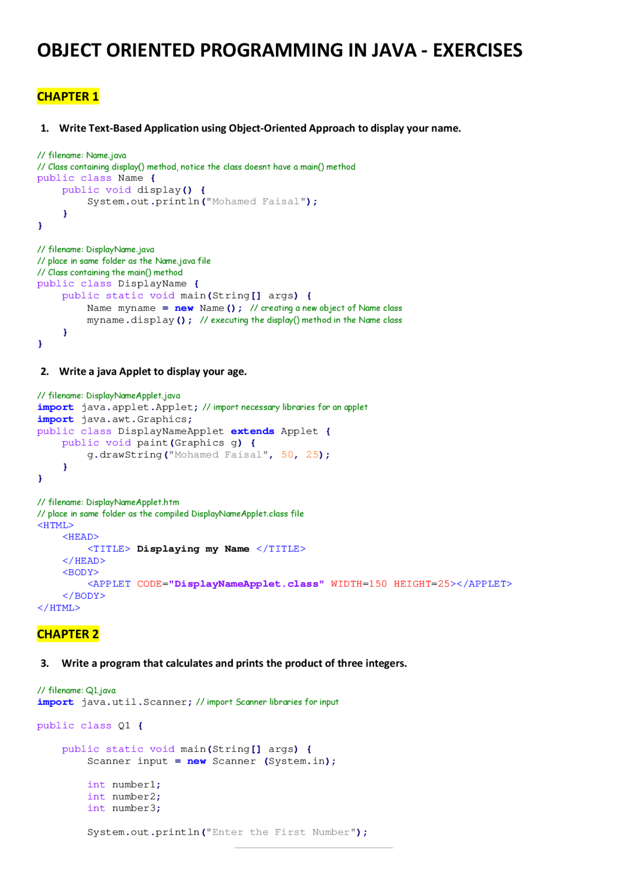 Object Oriented Programming in Java-Excercises - Docsity