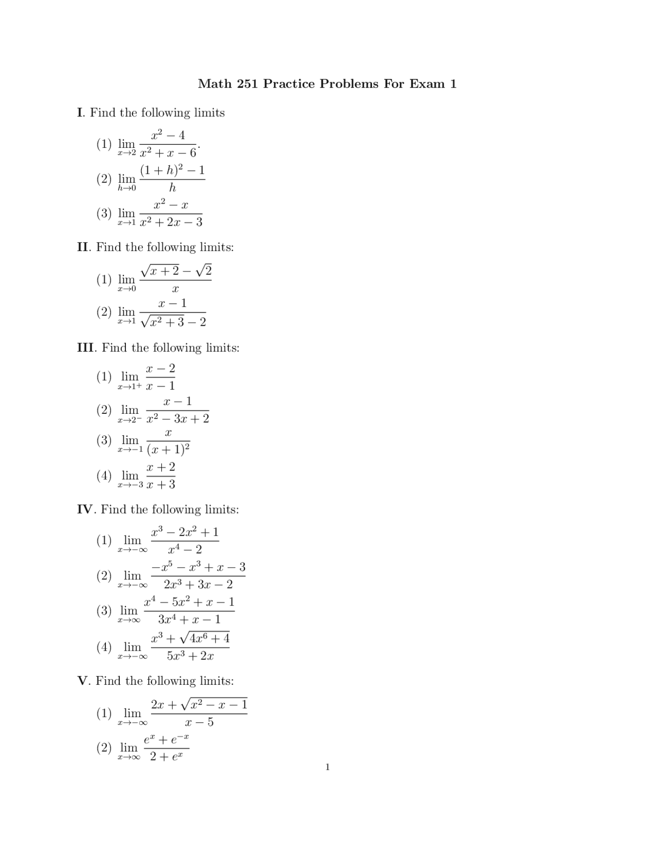 Math 251 Practice Problems For Exam 1 - Docsity