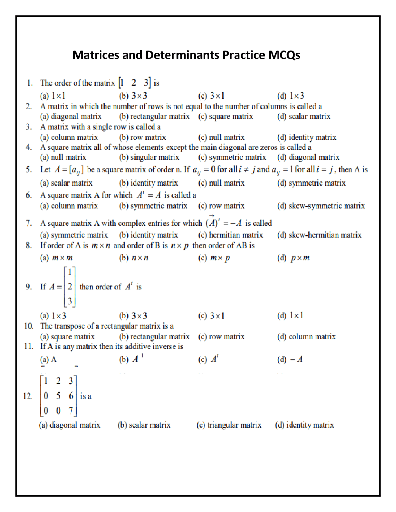 Matrices and Determinants Practice MCQs Mathematics - Docsity