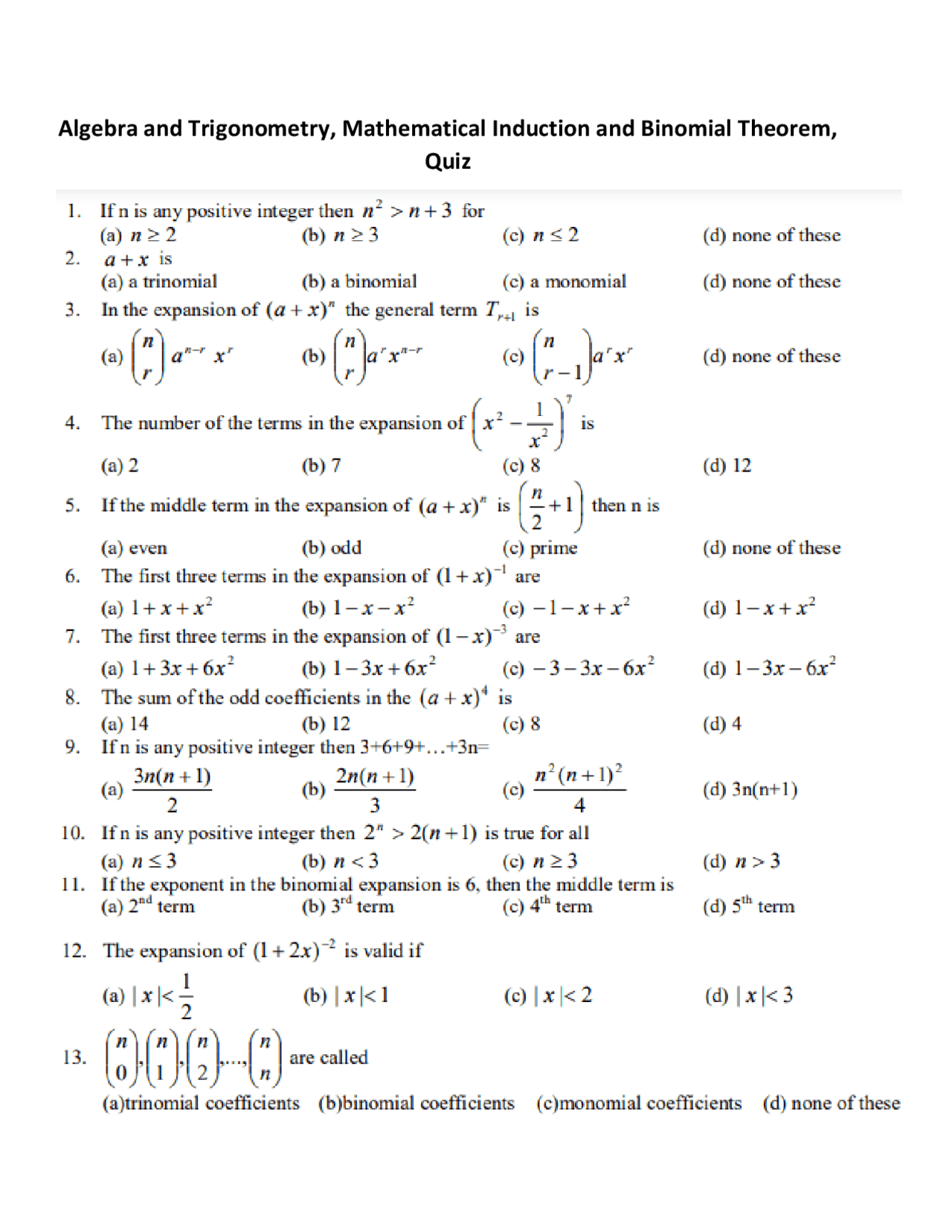 Algebra and Trigonometry Practice Questions and Quizzes - Docsity