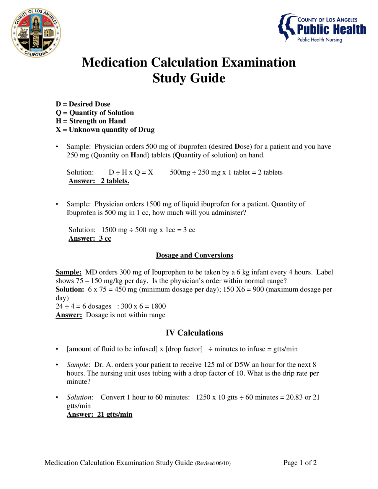 Medication Calculation Examination Study Guide - Docsity