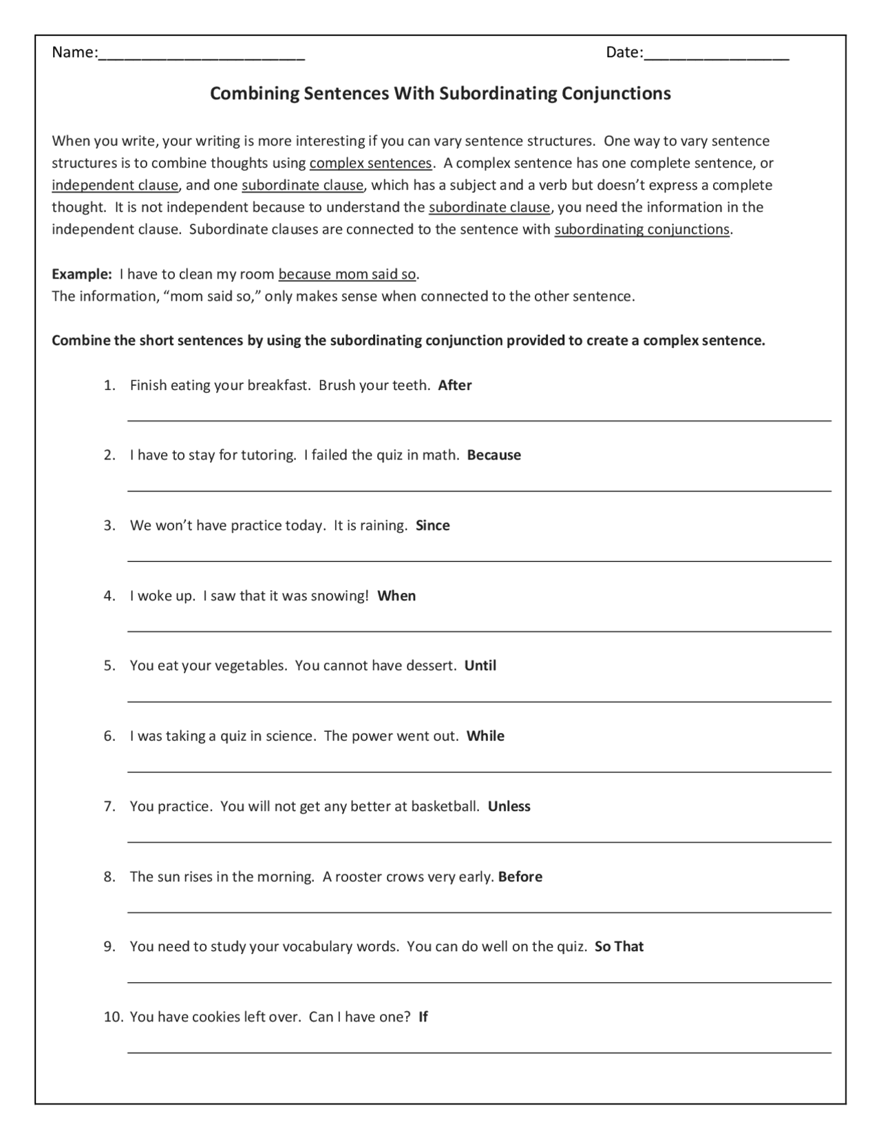 Combinding Sentences with Subordinating Conjunctions - Docsity