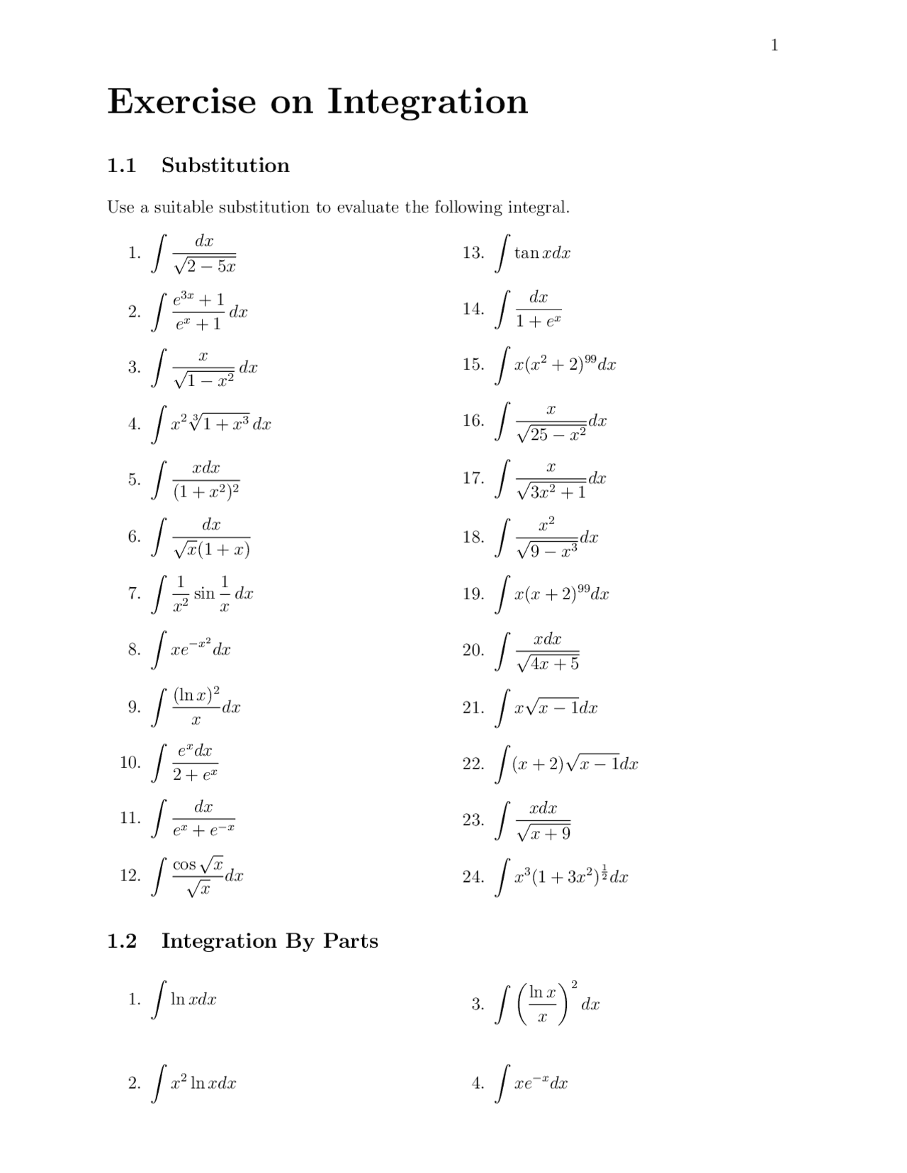 Excercises of Integration | Exercises Mathematics - Docsity