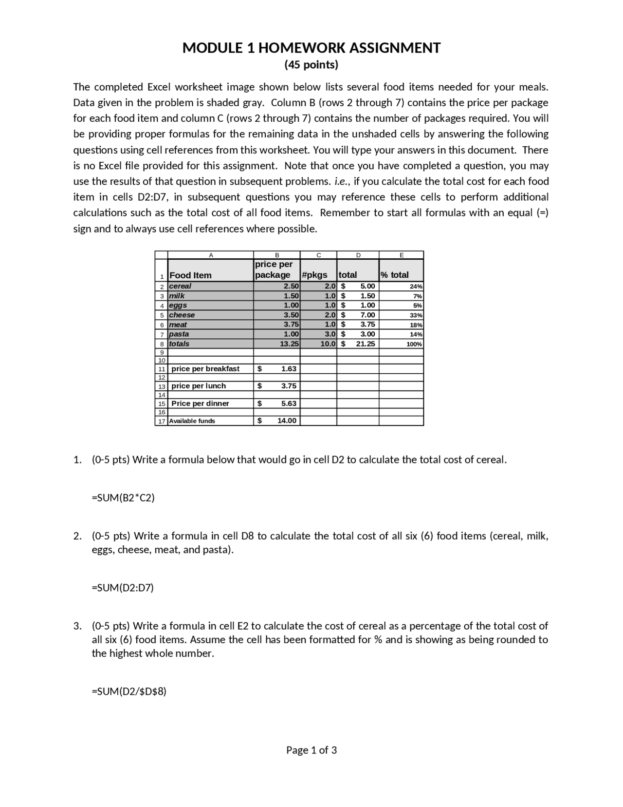 Week 1 homework assignment with all the formulas included - Docsity