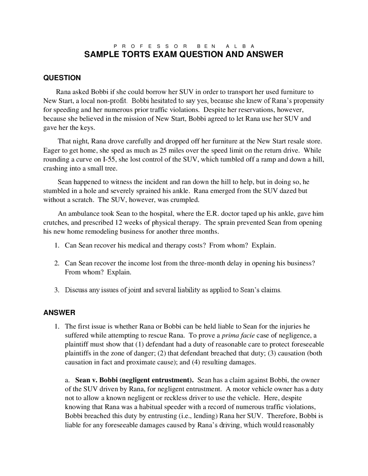SAMPLE TORTS EXAM QUESTION AND ANSWER | Exams Law | Docsity
