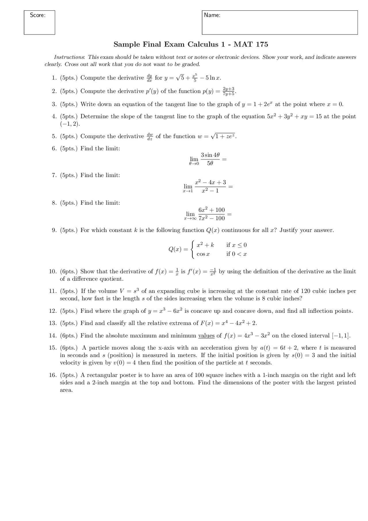 Calculus 1 practice exam | Exams Calculus - Docsity