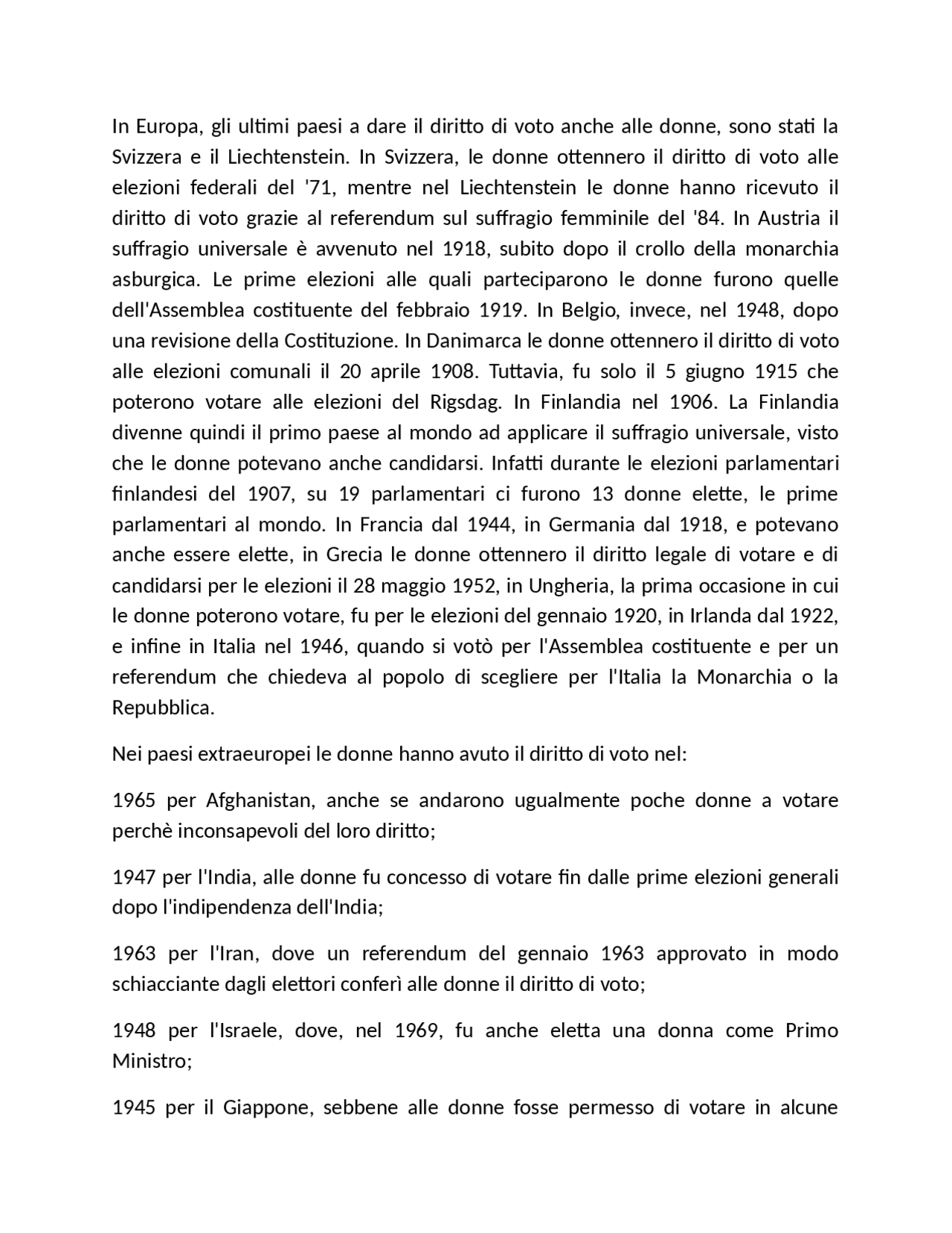 Il diritto di voto delle donne nei vari paesi - Docsity