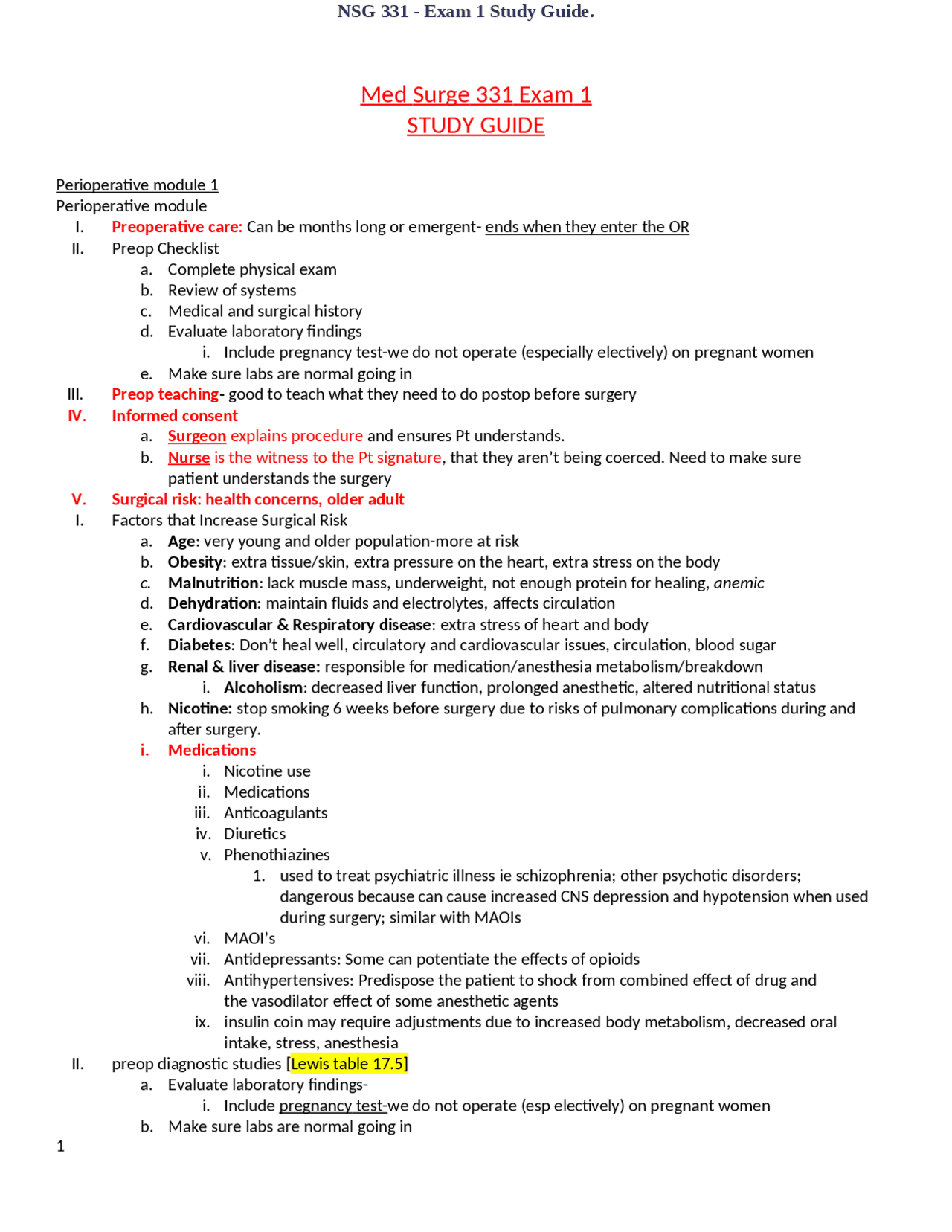 NSG 331 - Exam 1 Study Guide. - Docsity