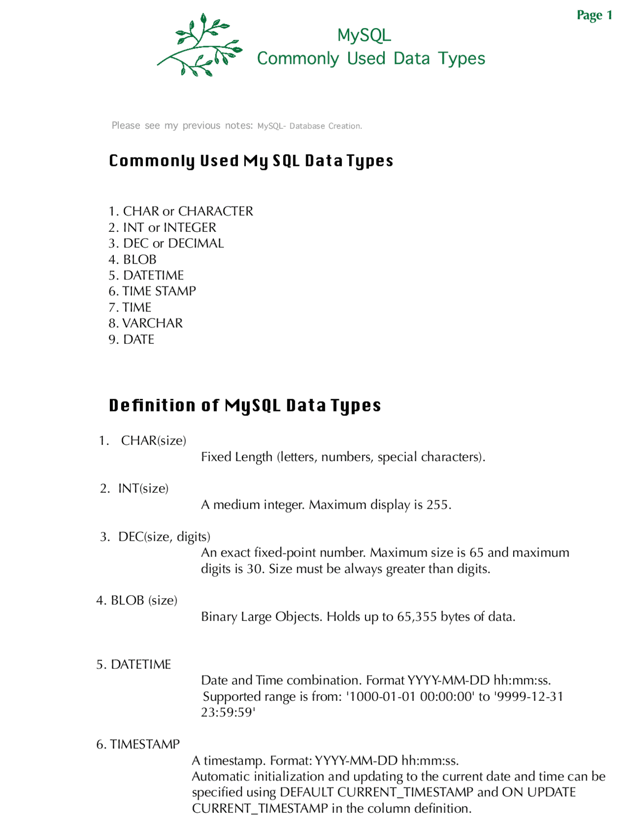 SQL - Most Commonly Used Data Types - Docsity