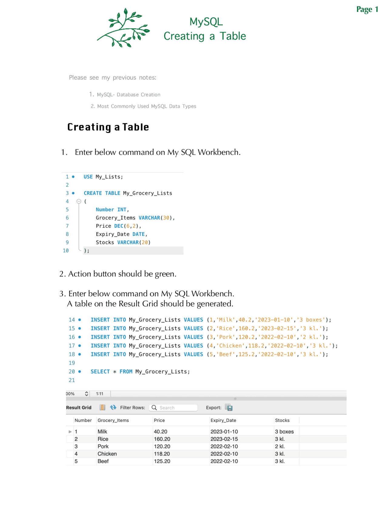 MySQL - Creating a Table - Docsity