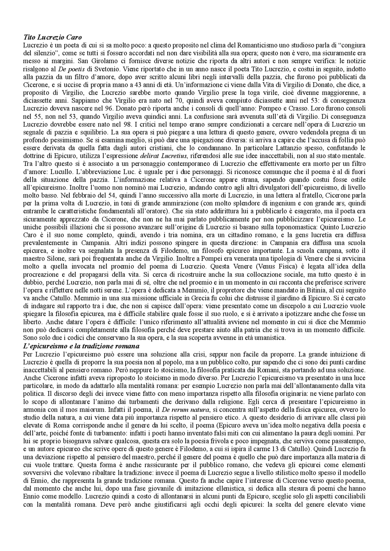 Lucrezio, De rerum natura - Docsity