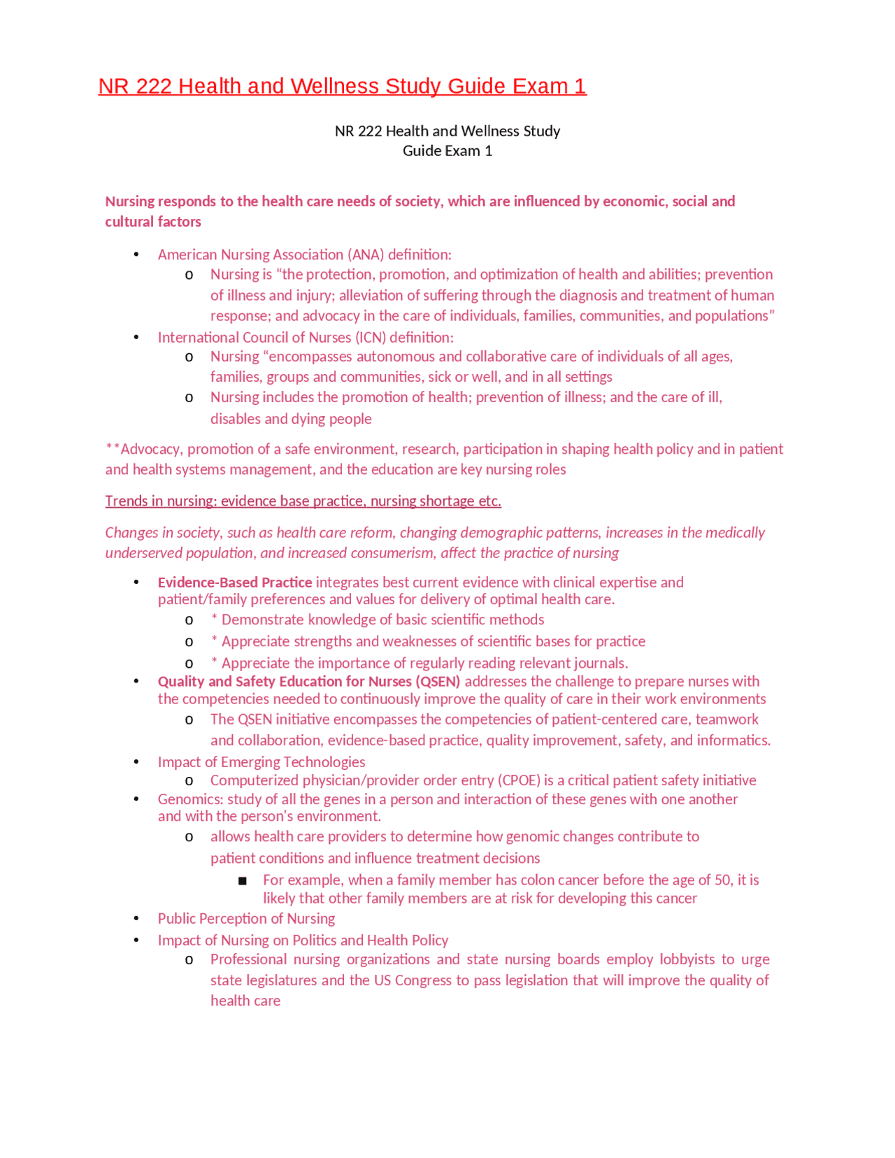 NR 222 Health and Wellness Study Guide Exam 1 - Docsity