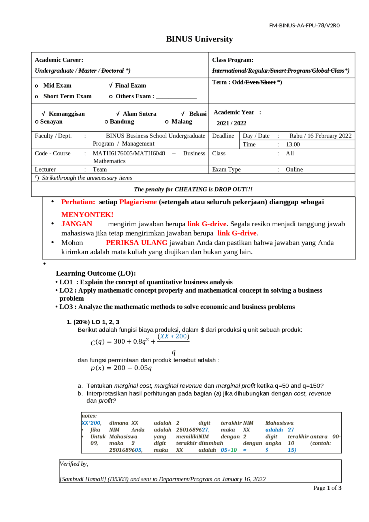 Matematika bisnis management | Exams Business Mathematics | Docsity