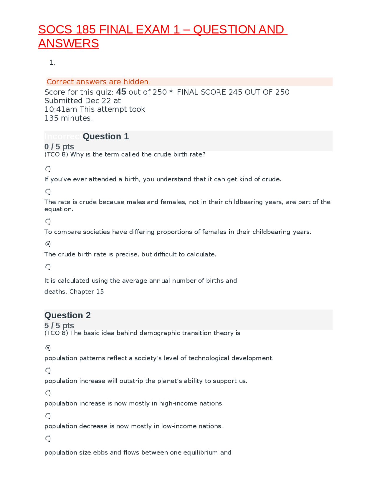 SOCS 185 FINAL EXAM 1 – QUESTION AND ANSWERS - Docsity