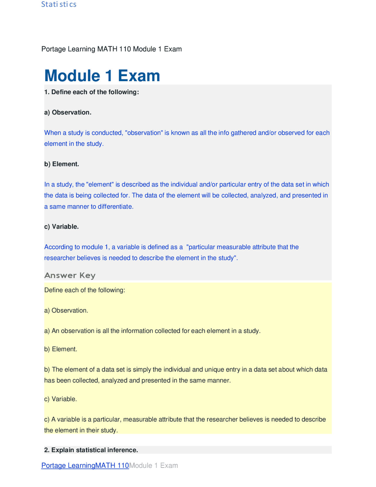 Portage Learning MATH 110 Module 1 Exam - Docsity