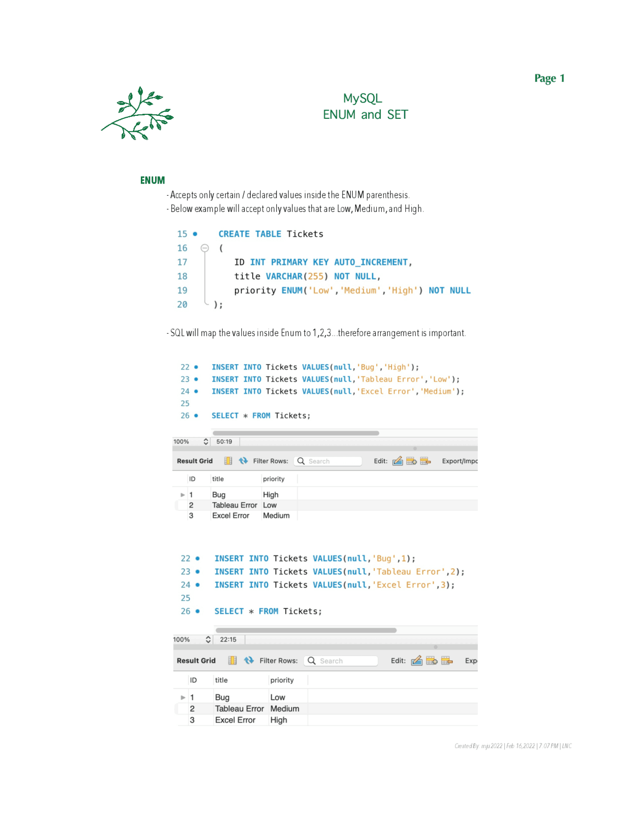MySQL - Enum and Set - Docsity