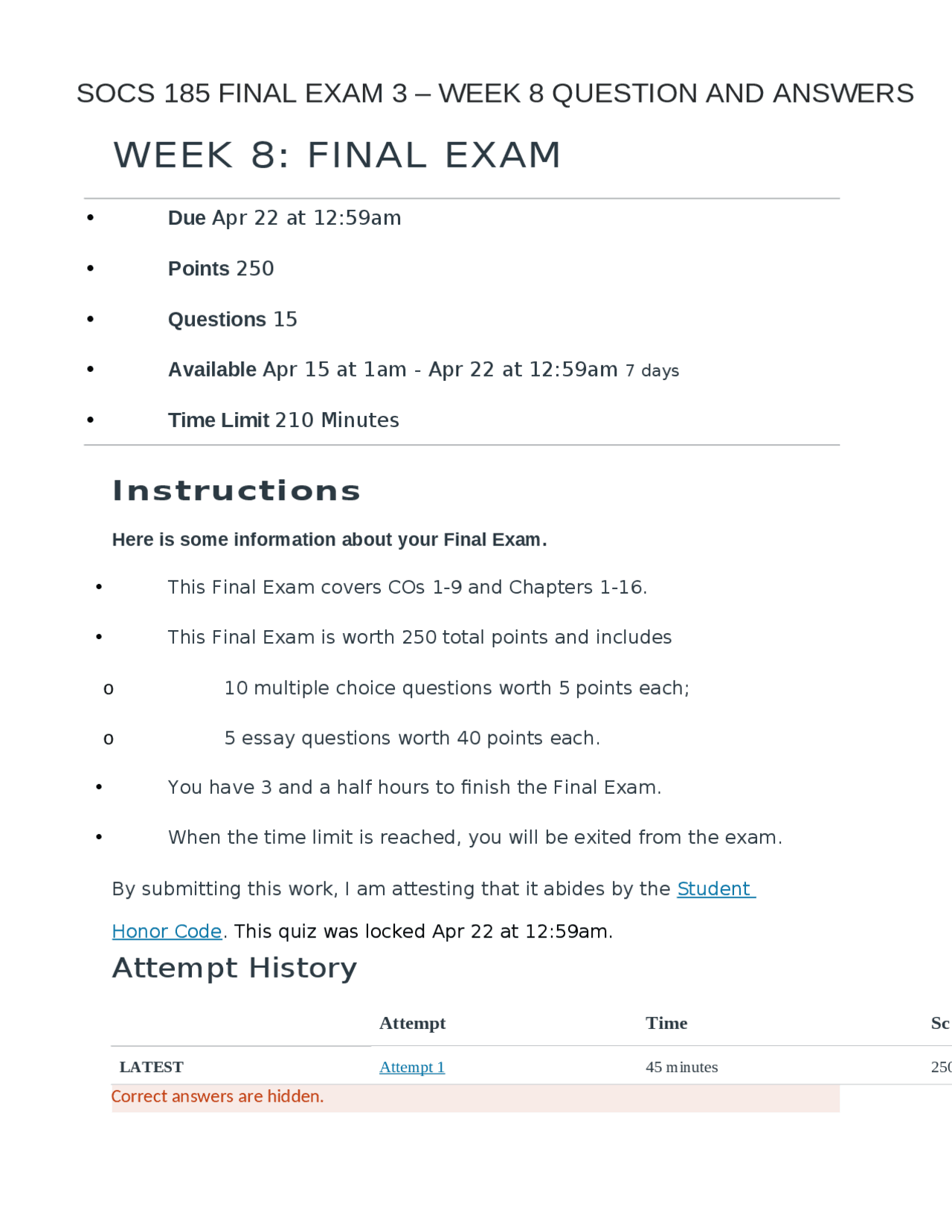SOCS 185 FINAL EXAM 3 – WEEK 8 QUESTION AND ANSWERS - Docsity
