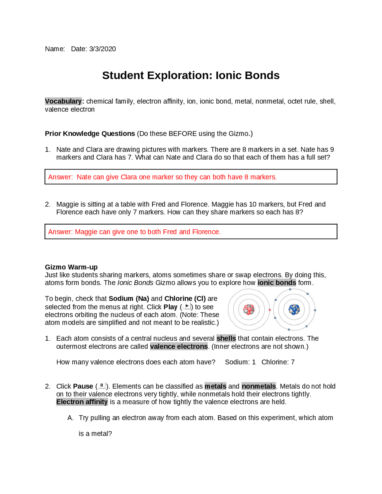 Ionic Bond Gizmo Answers | Study Guides, Projects, Research Chemistry |  Docsity