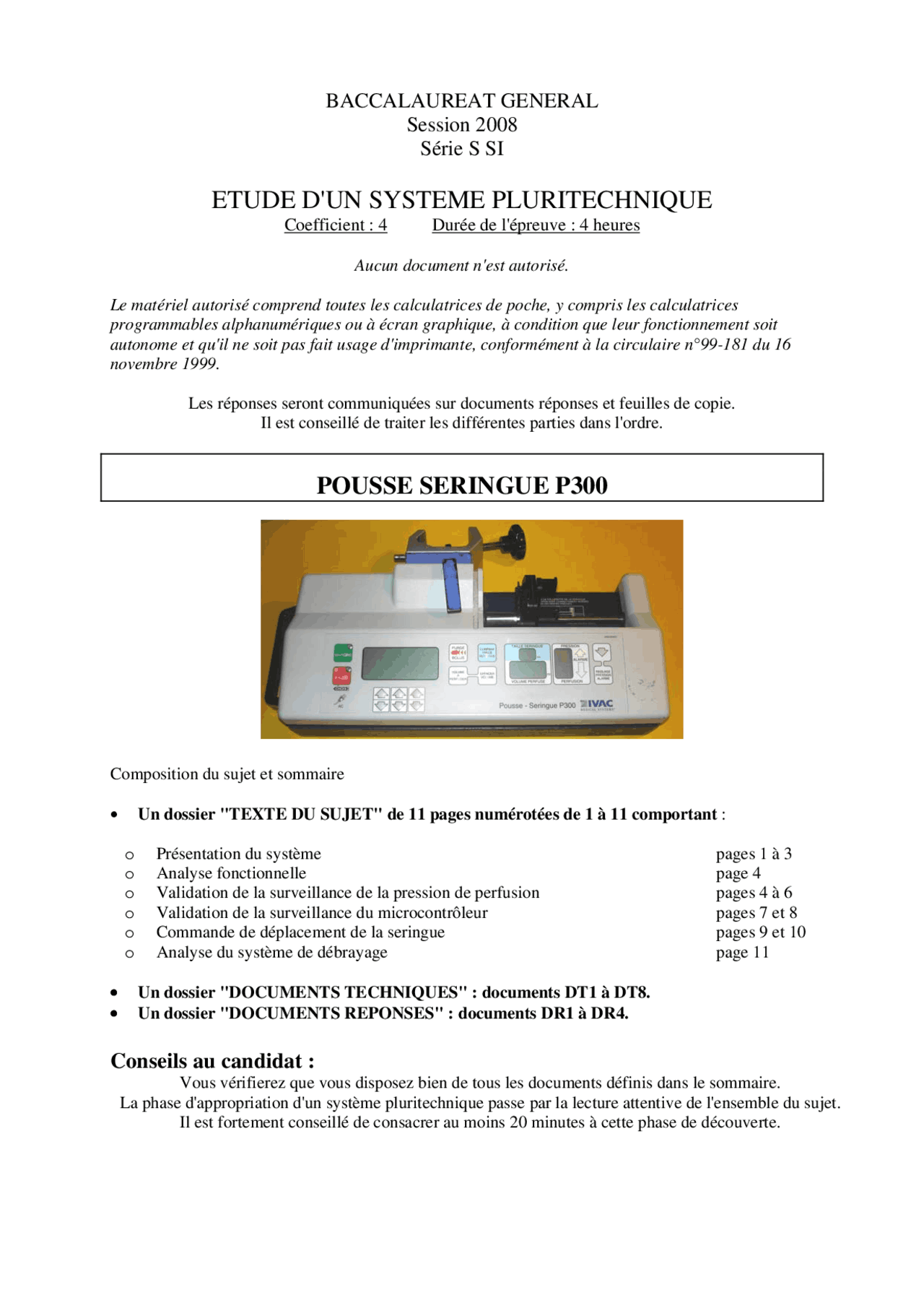 Sujet officiel complet du bac Série S SI 2008 - Docsity