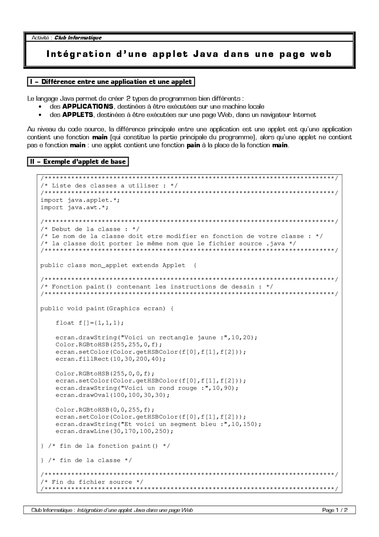 Intégration d'une applet Java dans une page web - Docsity