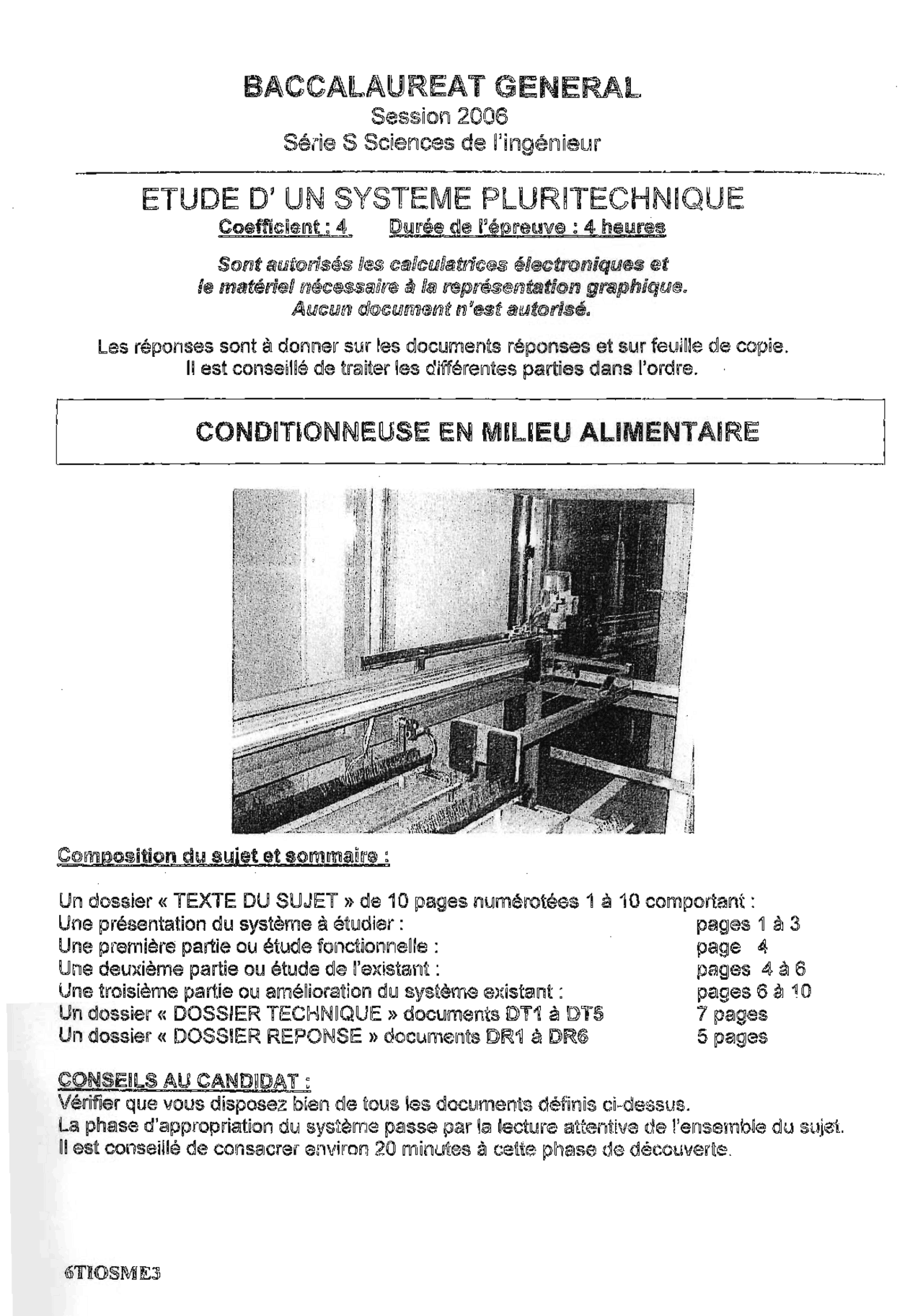 Sujet officiel complet du bac S Sciences de l'Ingénieur 2006 - Docsity