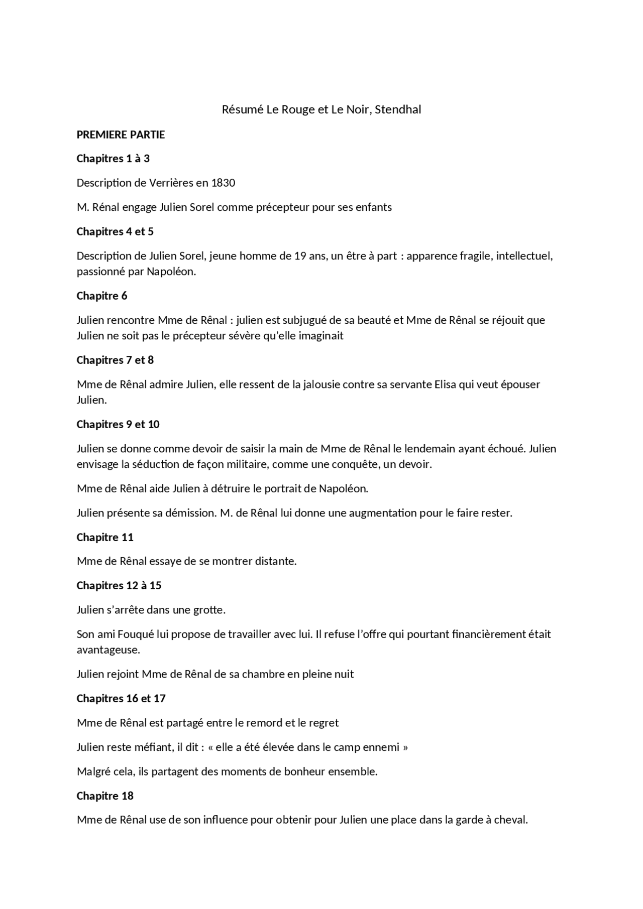 Resume Chapitre Le Rouge Et Noir Résumé Le Rouge et le Noir de Stendhal | Résumés Français | Docsity