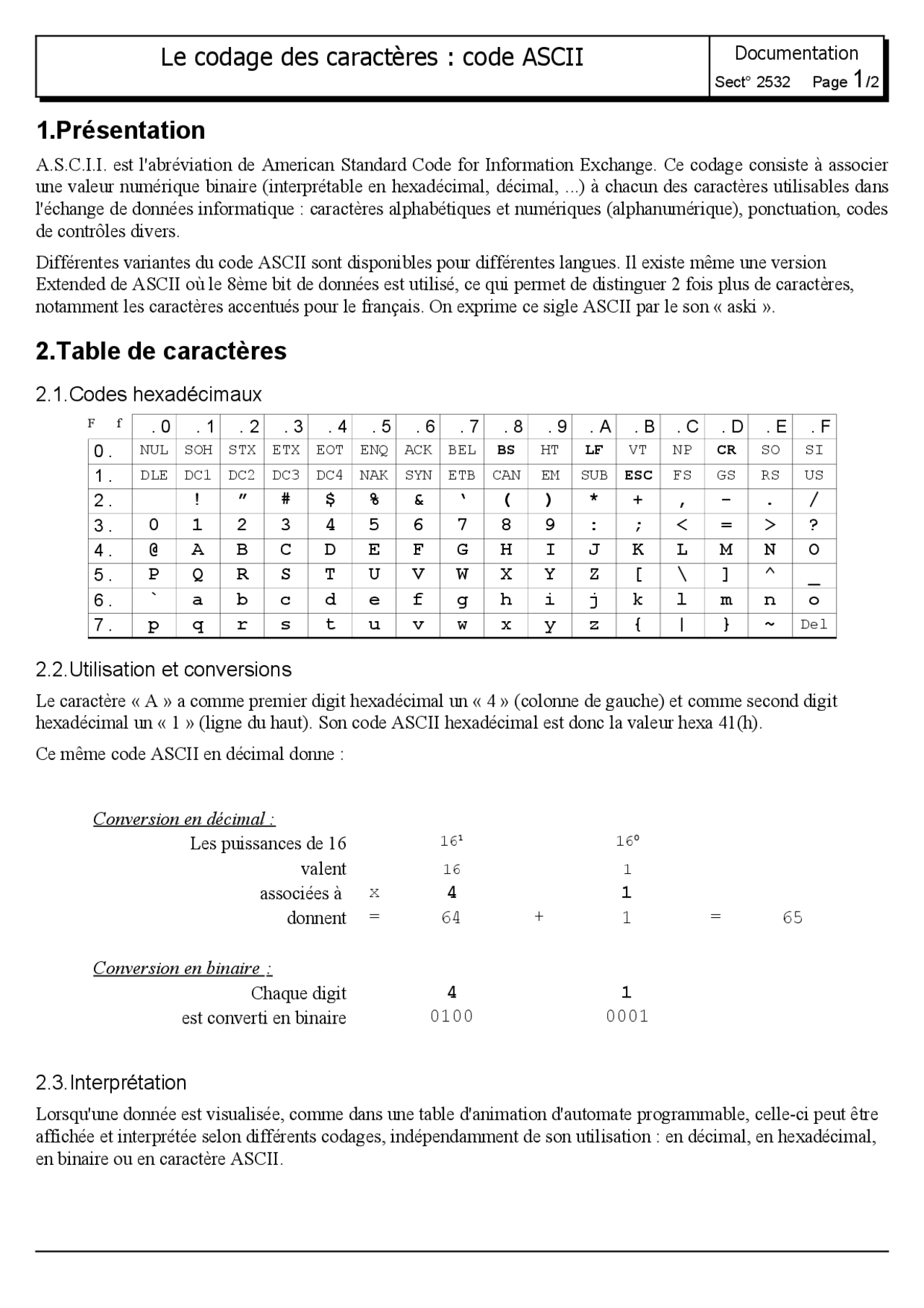 Le codage des caractères: code ASCII | Lectures Sciences de l'Ingénieur ...