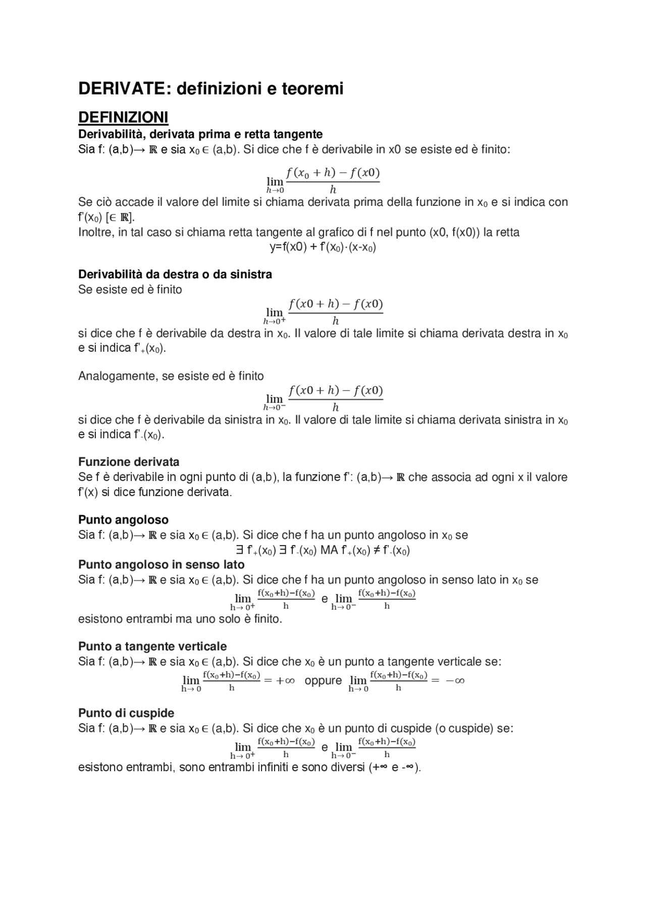 Derivate: definizioni e teoremi - Docsity