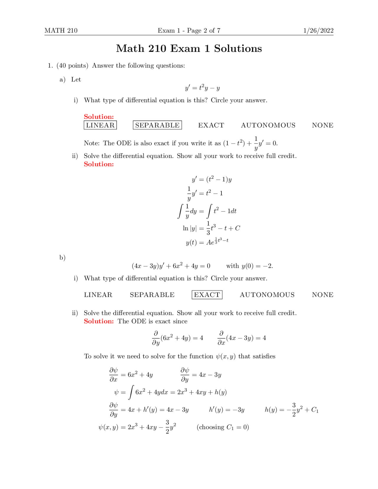 MATH 210 (Diff EQ) Midterm 1 2022 Solutions - Docsity