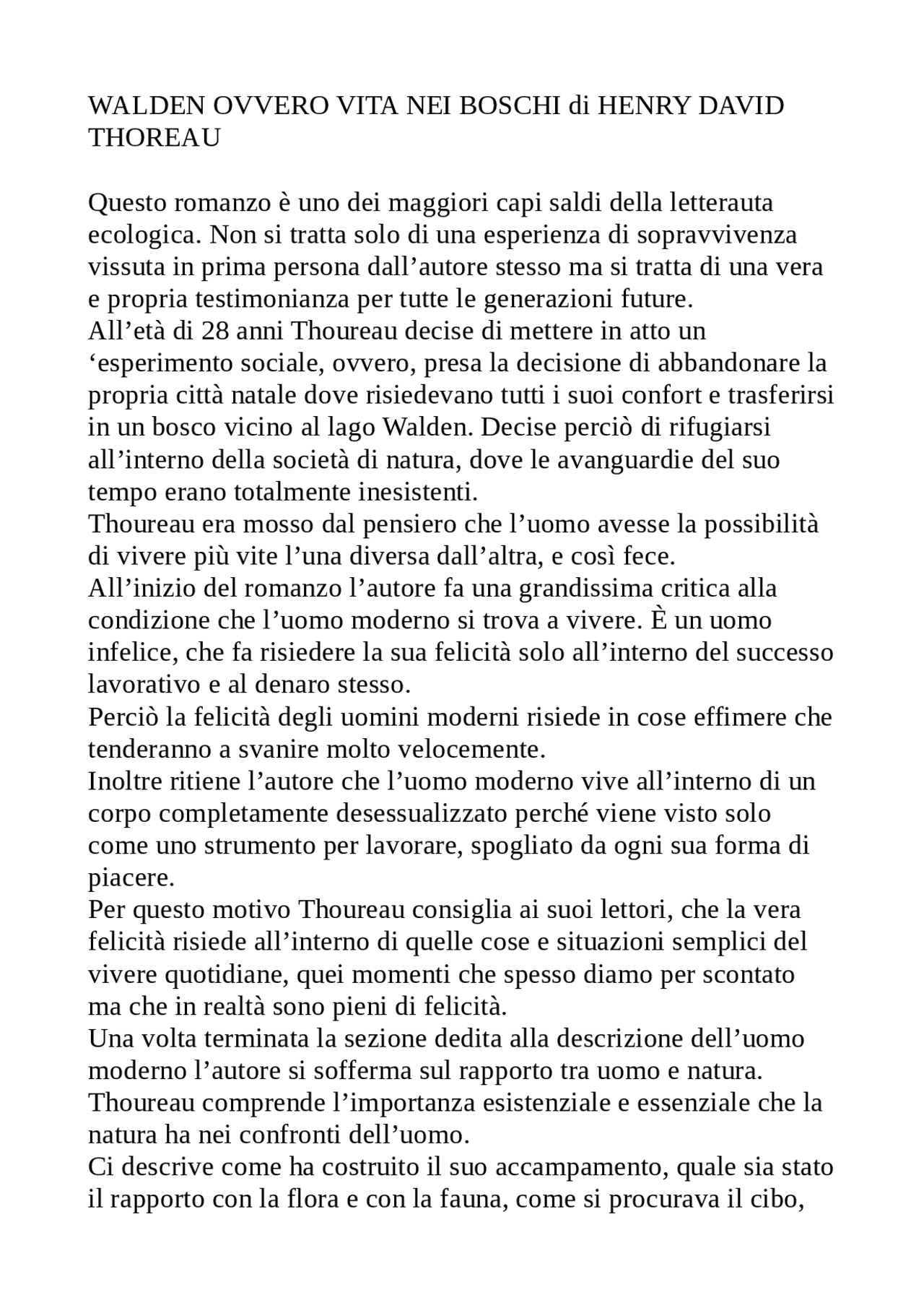 Walden ovvero vita nei boschi Docsity